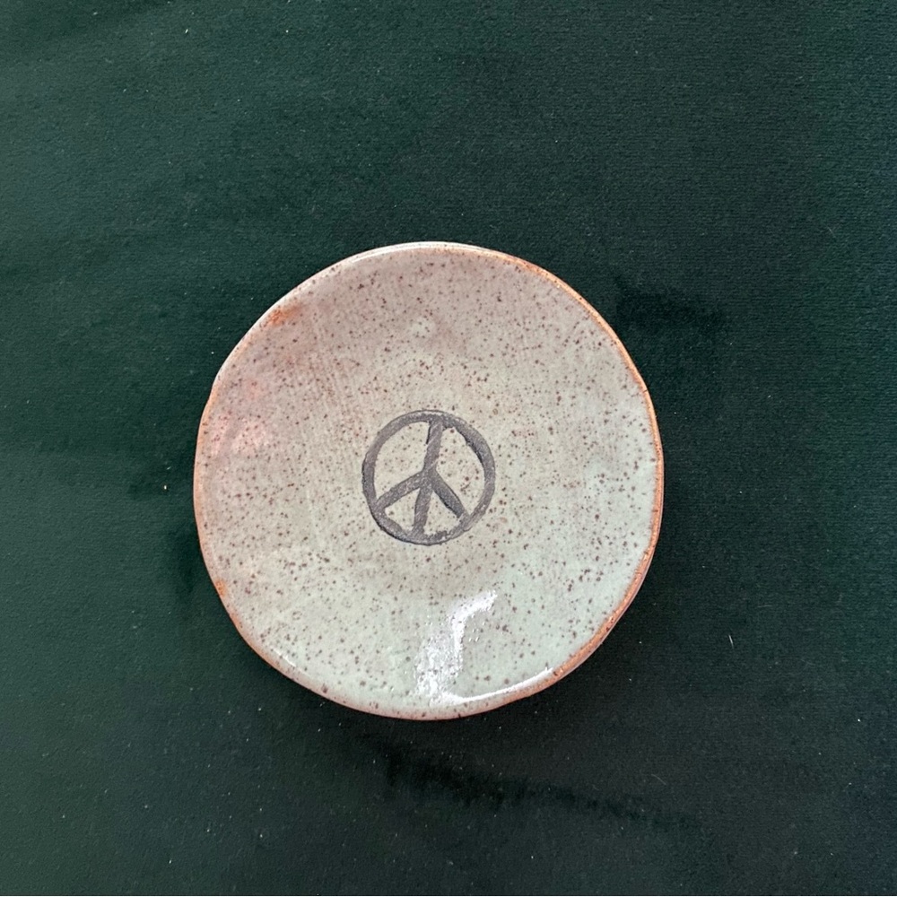 Handmade Speckled Ceramic Peace Sign Dish in Light Sage Green and Brown
